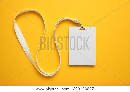Tag Id Pass, Plastic Identification On Yellow Background. White Blank Badge Mockup.