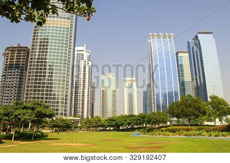 Dubai / Uae - October 15, 2019: View Of Jumeirah Lakes Towers Skyscrapers And Park. Residential Buil