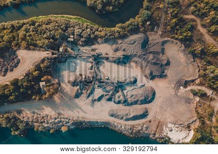 Basalt Production In Ukraine, Picturesque Aerial View Of Basalt Columns.
