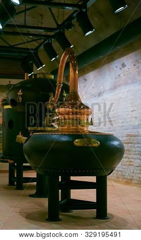 Medieval Traditional Distiller, Cube Made From Copper Production Of Alcohol, Cognac, Whiskey. Fragme