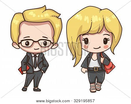 Vector Illustration Of Cute Chibi Character Isolated On White Background. Cartoon Business Man And W