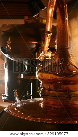 Medieval Traditional Distiller, Cube Made From Copper Production Of Alcohol, Cognac, Whiskey. Fragme
