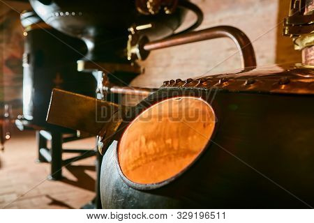 Detalis Of Medieval Traditional Distiller Cube Made From Copper Production Of Alcohol, Cognac, Whisk