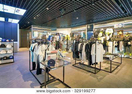 SHENZHEN, CHINA - CIRCA APRIL, 2019: interior shot of Fila store at a shopping mall in Shenzhen. Fila is an Italian sporting goods brand and company.