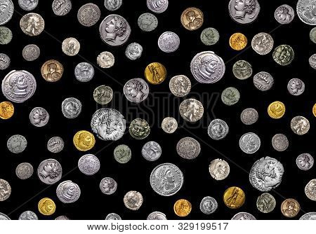 Seamless Colored Ancient Coins Pattern With Black Background For Textile Print.