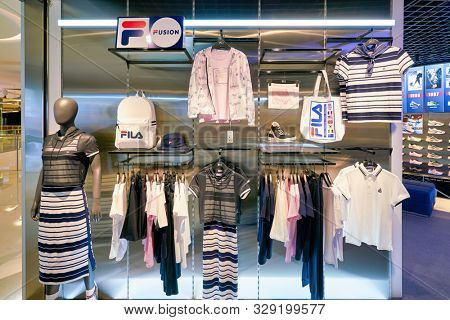 SHENZHEN, CHINA - CIRCA APRIL, 2019: interior shot of Fila store at a shopping mall in Shenzhen. Fila is an Italian sporting goods brand and company.