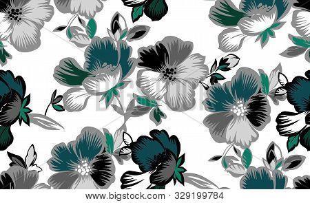 Seamless Design With Multicolor Flowers And Green Leaves On White Background.