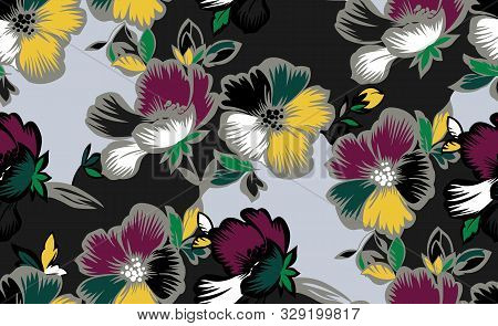Seamless Design With Multicolor Flowers And Black Background.