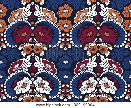 Seamless Vintage Floral Pattern With Leaves On Dark Blue Background. White, Dark Red Flowers With Bl