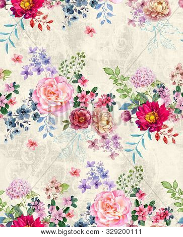 Seamless Watercolor Floral Design With White Background For Textile Prints.