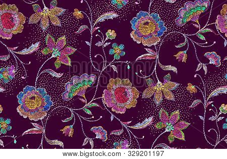 Seamless Flowers Pattern With Black Red Background.. For Textile, Wallpaper, Pattern Fills, Covers, 