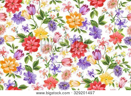 Seamless Watercolor Floral Design With White Background For Textile Prints.