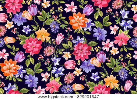 Seamless Watercolor Floral Design With Dark Blue Background For Textile Prints.