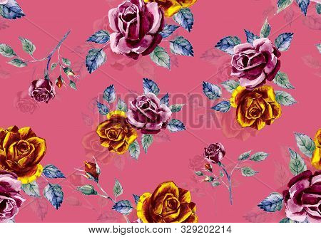 Seamless Watercolor Floral Design With Pink Background For Textile Prints.