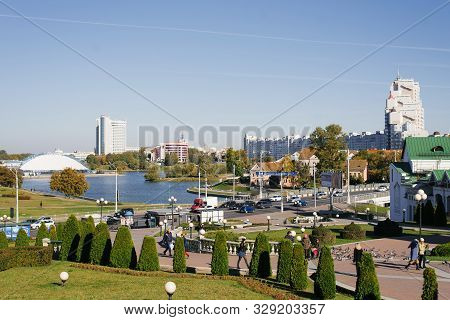 Minsk, Belarus. August 2019. Panoramic View Of The Svisloch River And The Troitskoe Predmestye