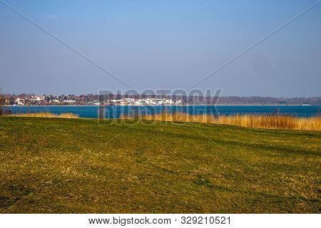 View From Lake Markkleeberger Lake With Passenger Ship And Modern Residential Houses