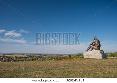 SROSTKI VILLAGE. ALTAISKIY KRAI. WESTERN SIBERIA. RUSSIA - SEPTEMBER 14, 2018 : Monument of Vasily Shukshin in Srostki village. Altaiskiy Krai. Western Siberia. Russia