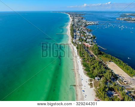 Aerial View Of Coquina Beach With White Sand Beach And The Main Road, Anna Maria Island, Florida. Us