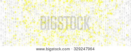 Binary Number Background. Yellow Tech Banner. Digital Particles. Big Data Analysis. White Binary Num