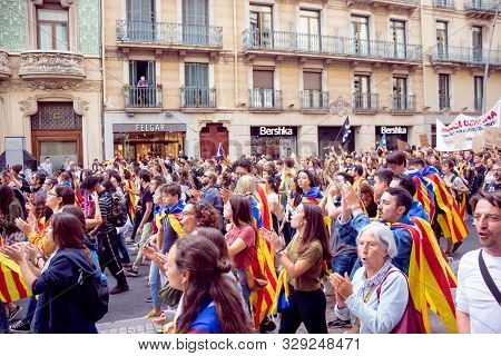 Barcelona, Spain - October 18, 2019: Protests In Catalonia. Pro-catalan General Strike For Freedom O