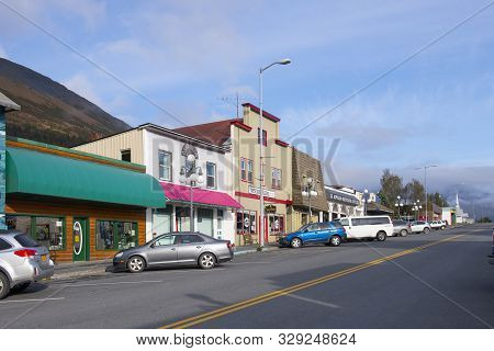 Seward, Ak, Usa - Sep. 19, 2019: Historic Buildings In Seward City Center On 4th Avenue Near Washing