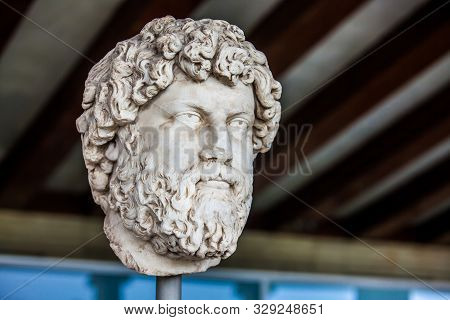 Athens, Greece - April, 2018: Portrait Head Of Ailius Verus At The Stoa Of Attalos In Athens
