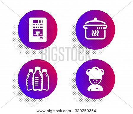 Water Bottles, Boiling Pan And Coffee Vending Icons Simple Set. Halftone Dots Button. Cooking Chef S