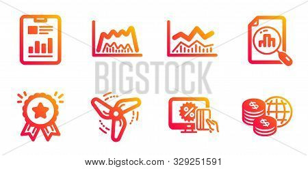 Report Document, Analytics Graph And Loyalty Award Line Icons Set. Wind Energy, Trade Infochart And 