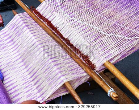 Close Up Of Traditional Weaving Technique Ikat For Making Scarfs Or Macana Or Other Fabric By Hand W