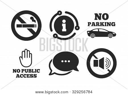 Private Territory Parking Or Public Access. Chat, Info Sign. Stop Smoking And No Sound Signs. Cigare