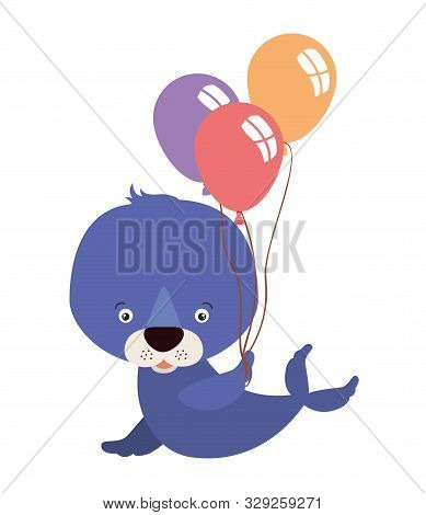 Cute Little Seal With Balloons Helium Character Vector Illustration Design