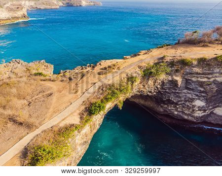 Landscape Over Broken Beach In Nusa Penida, Indonesia Angels Billabong Beach. Popular Tourist Destin