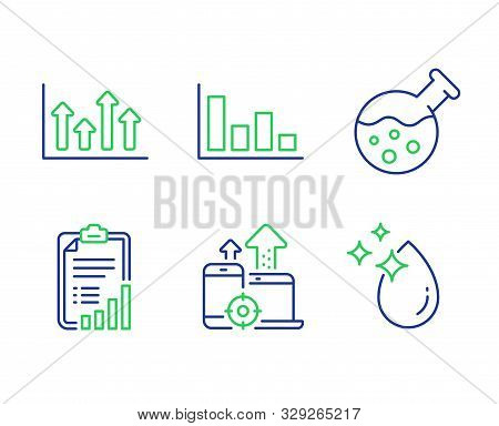 Checklist, Histogram And Upper Arrows Line Icons Set. Chemistry Lab, Seo Devices And Water Drop Sign