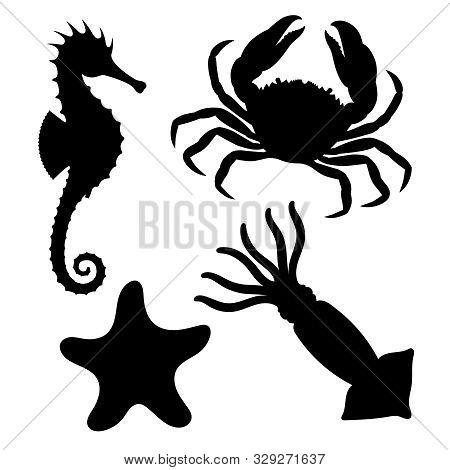 Sea Animals Icons Set. Seahorse, Starfish, Crab And Squid Graphic Signs Isolated On White Background