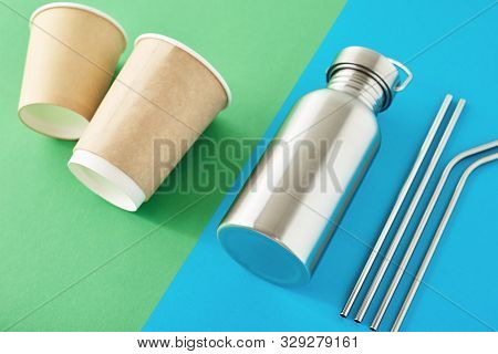 Zero Waste Eco Friendly Concept. Reusable Plastic Free Items On Colorful Blue And Green Background. 