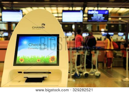 Singapore-28 Apr 2018: Self Check-in Kiosk Machine In Changi Airport. Changi Airport Serves More Tha