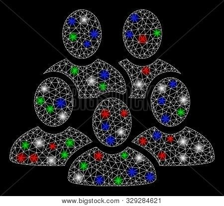 Bright Mesh Men Collective With Glare Effect. White Wire Carcass Triangular Mesh In Vector Format On