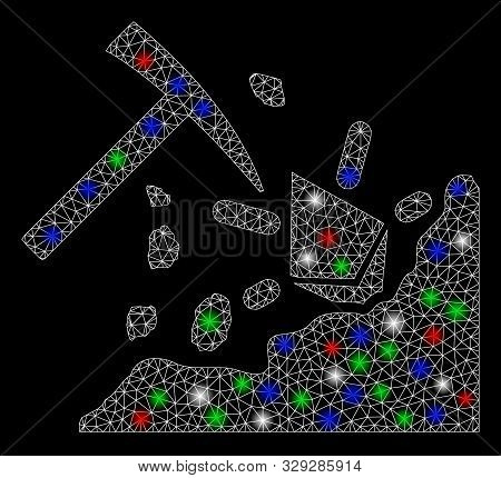 Bright Mesh Ethereum Mining Hammer With Glare Effect. White Wire Frame Polygonal Mesh In Vector Form