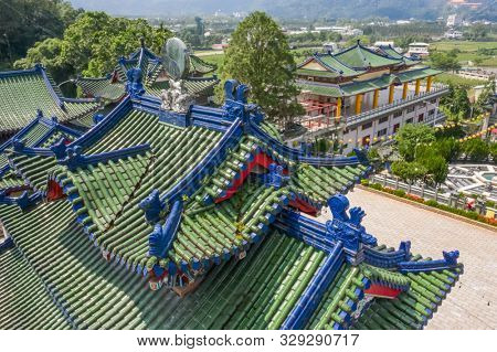 Nantou, Taiwan - September 15th, 2019: aerial view of famous landmark of BaoHu Dimu Temple at Puli, Nantou, Taiwan, Asia