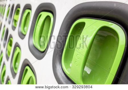 Taipei, Taiwan - June 7th, 2019: charging station for battery packs of Taiwan-based Gogoro electronic motocycle at street in Taipei, Taiwan, Asia
