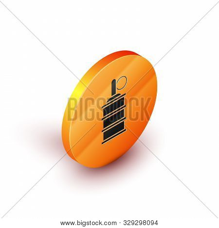 Isometric Hand Grenade Icon Isolated On White Background. Bomb Explosion. Orange Circle Button. Vect