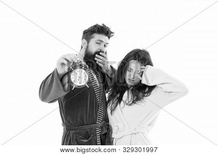 Again In Bad Mood. Morning Alarm. Sleepy People. Couple In Love Bathrobes. Sleep Disorders. Drowsy A