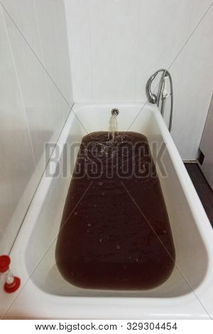 Panty detox bath therapy concept. Maral bathroom with real antlers of maral. Alternative coametology procedure.