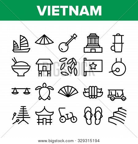 Vietnam Collection Traditional Icons Set Vector Thin Line. Flag And Palace, Gong And Sailboat, Turtl