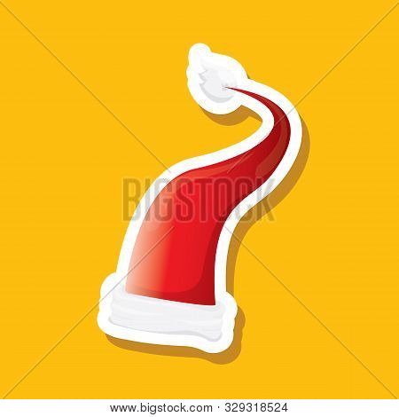 Vector Red Funky Santa Claus Hat Sticker Icon Or Label Isolated On Orange Background. Merry Christma