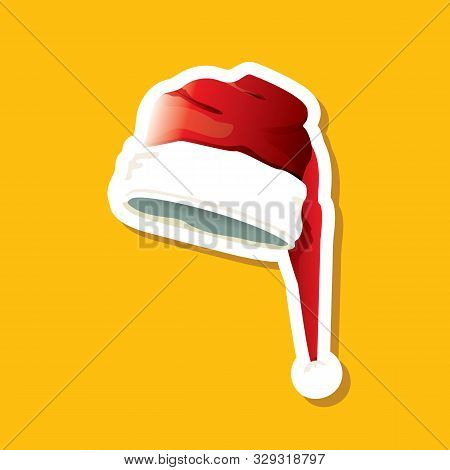 Vector Red Funky Santa Claus Hat Sticker Icon Or Label Isolated On Orange Background. Merry Christma