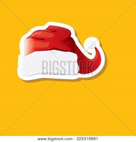 Vector Red Funky Santa Claus Hat Sticker Icon Or Label Isolated On Orange Background. Merry Christma