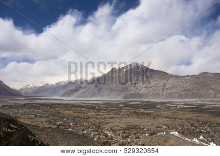 View Landscape With Hunder Or Hundar Village In Nubra Tehsil Valley While Winter Season At Leh Ladak