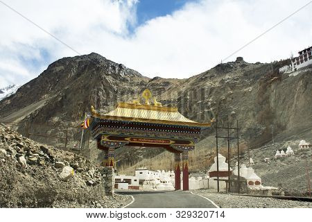 Jammu Kashmir, India - March 21 : Gate Door For People Entrance To Diskit Monastery Gompa In Hunder 