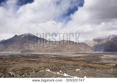 View Landscape With Hunder Or Hundar Village In Nubra Tehsil Valley While Winter Season At Leh Ladak